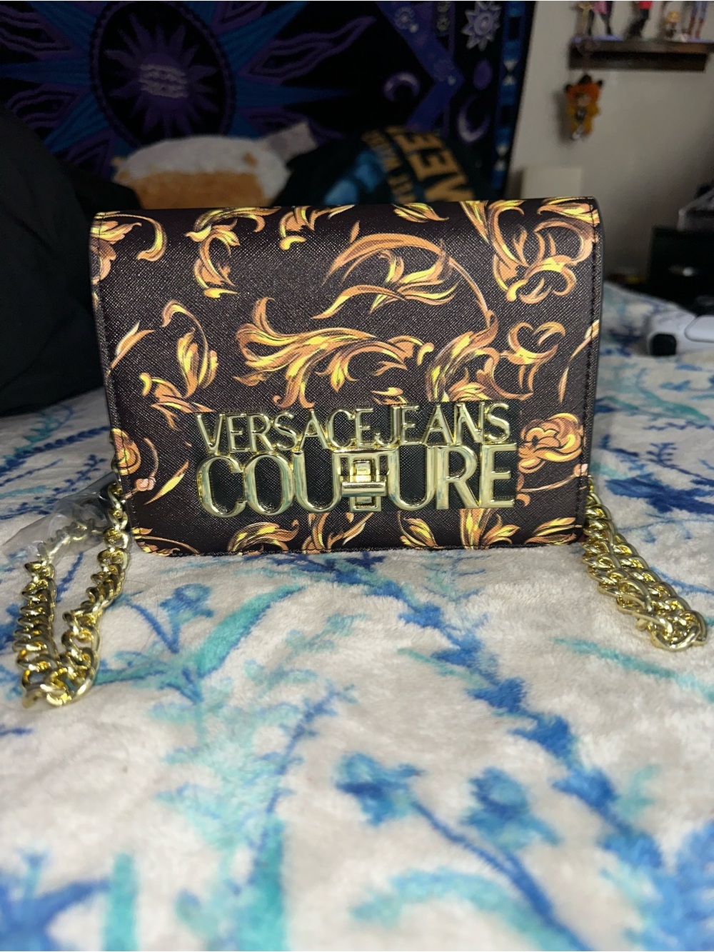 Versace Jeans Couture Brown Floral Crossbody with Gold Logo Chain